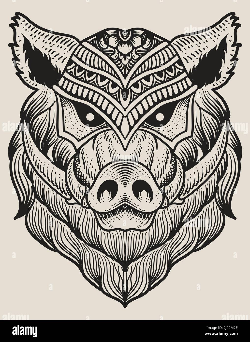 illustration wild boar head engraving style with mask Stock Vector