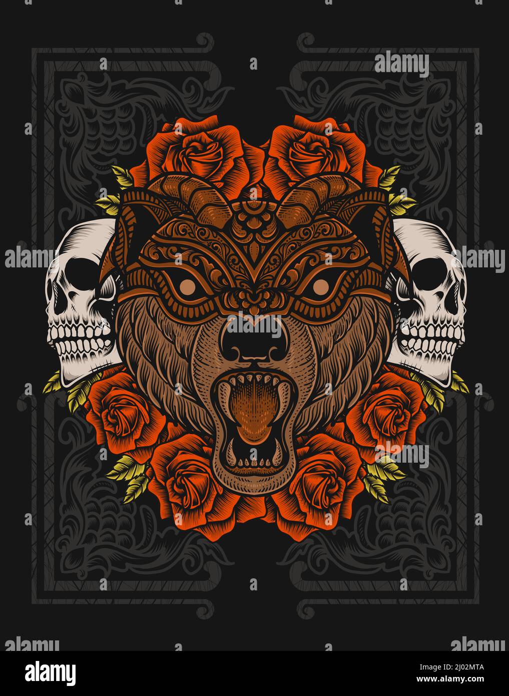 illustration bear head with skull and rose flower engraving style Stock ...