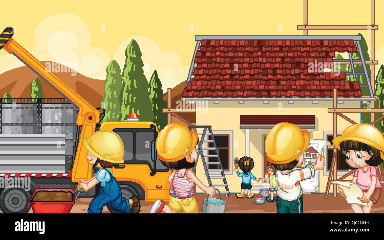 Building house construction site and workers illustration Stock Vector ...