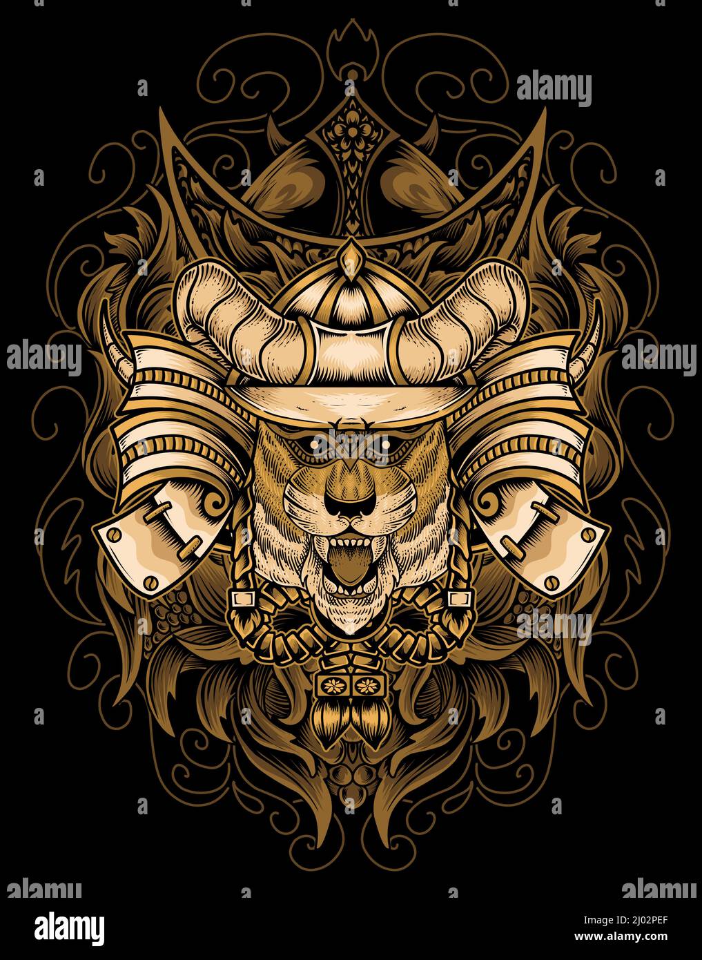 illustration tiger samurai head with engraving ornament Stock Vector