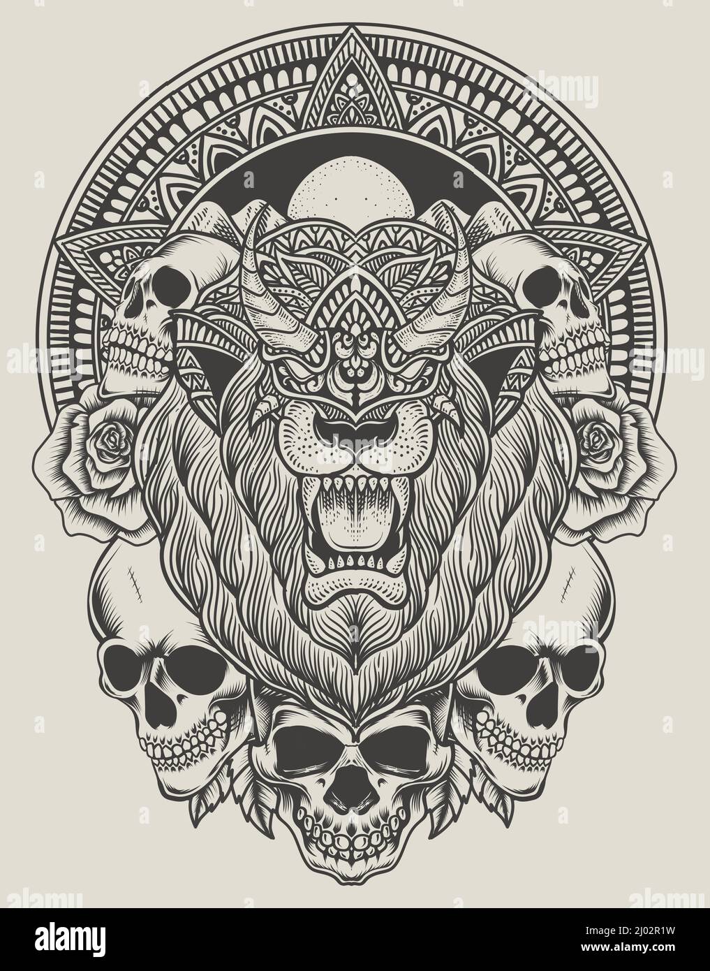 Premium Vector | Lion skull and baroque for tattoo design of illustration