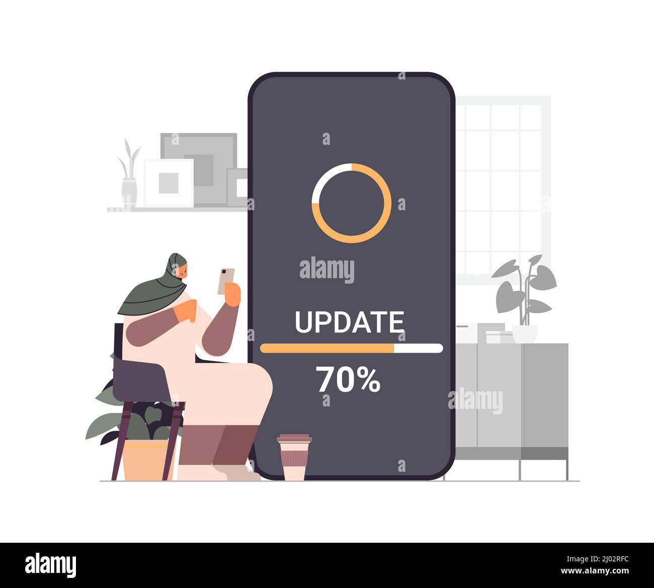 arab woman updating operating system update process install new software on smartphone horizontal Stock Vector