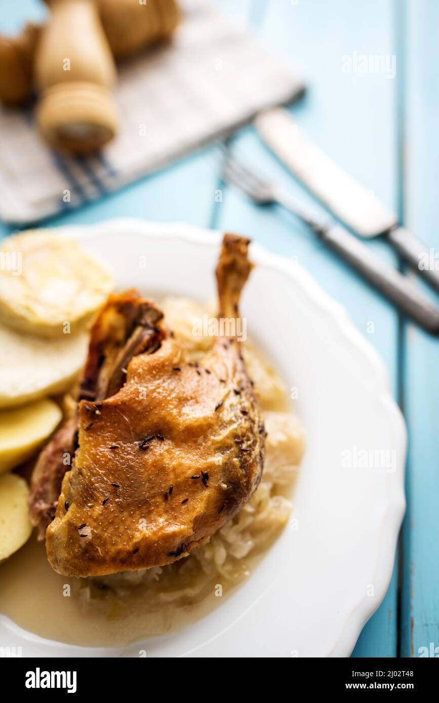 Traditional czech cuisine  baked duck with white cabbage and dumplings Stock Photo