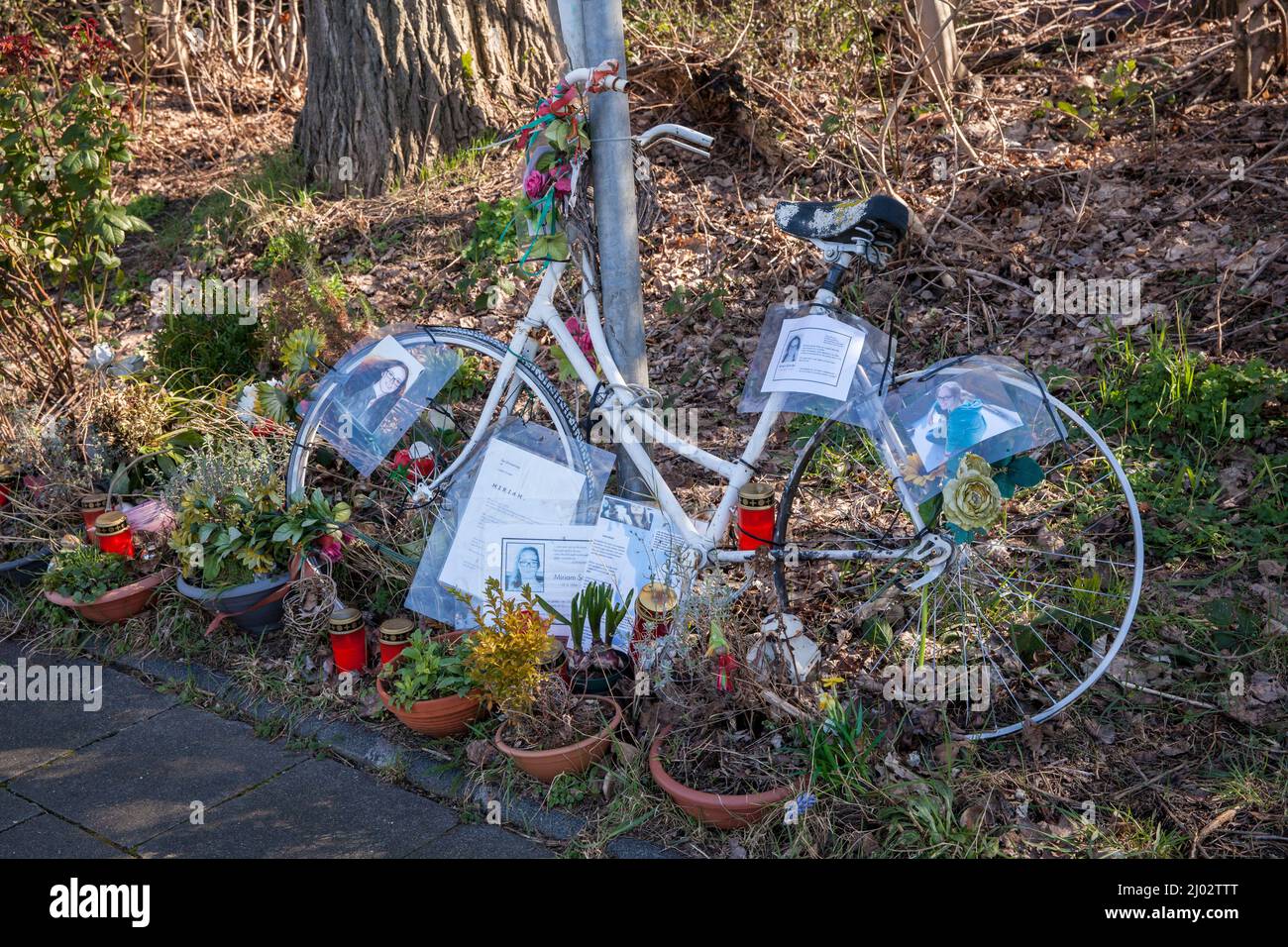 ghost bike, white adorned bicycle reminds of a cyclist, who had a deadly accident at this place, street Auenweg, district Muelheim, Cologne, Germany. Stock Photo