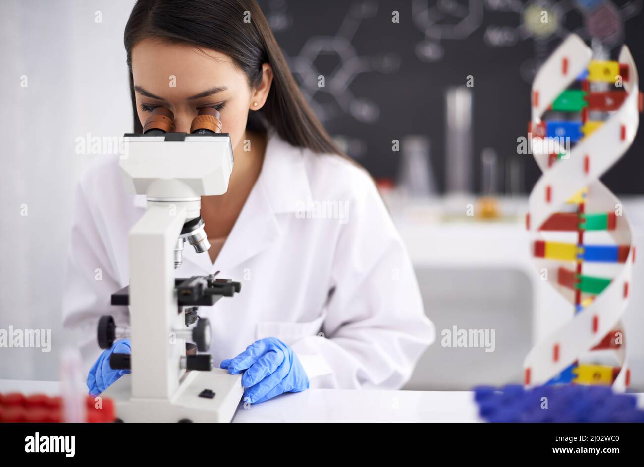 The next stage of human evolution. Profile of a female scientist viewing a sample through a microscope. Stock Photo