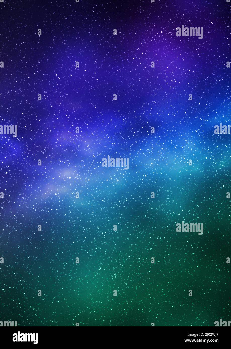 Night starry sky and bright blue green galaxy, vertical background. 3d