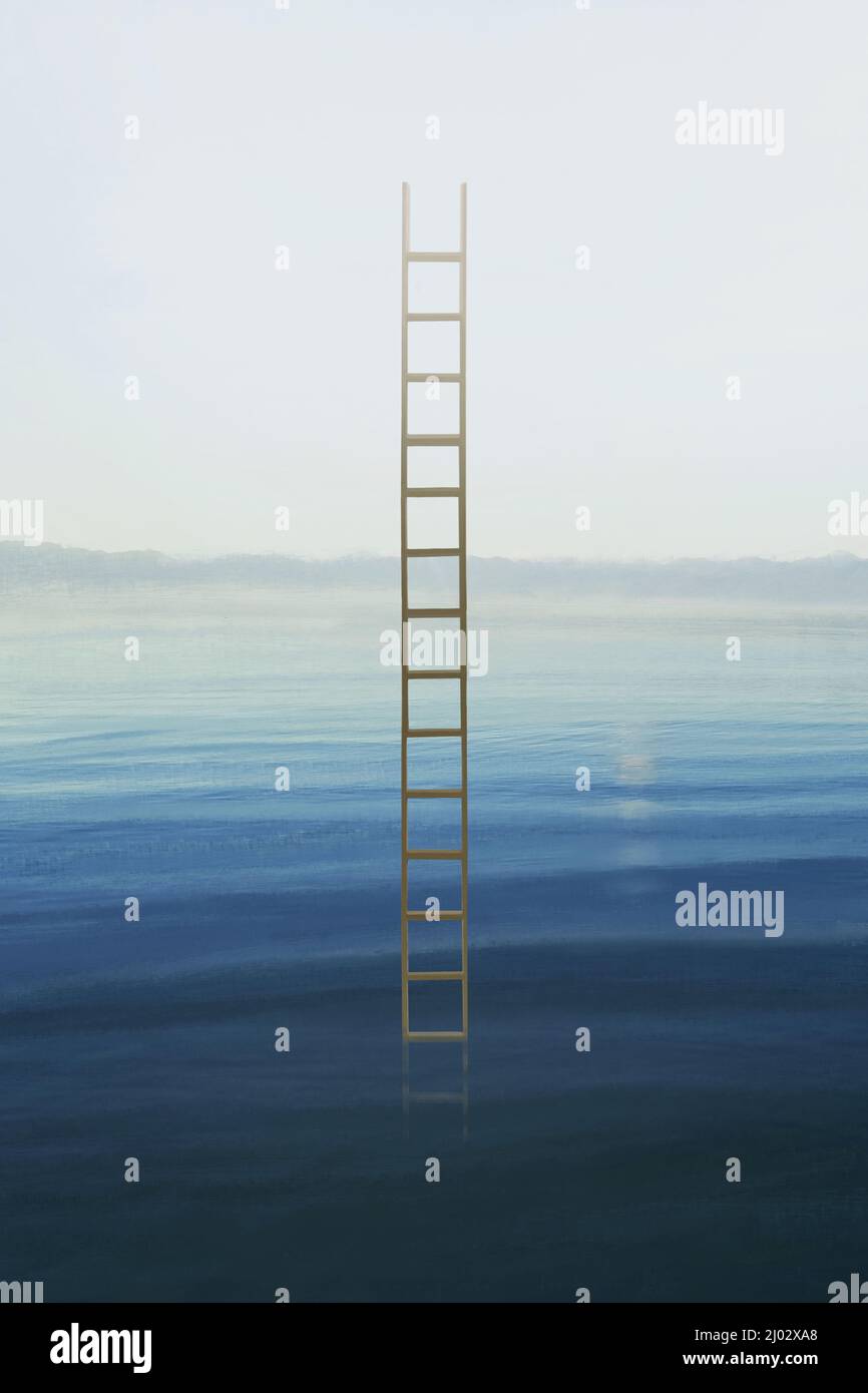 surreal ladder coming out of the sea that goes up to the sky Stock Photo