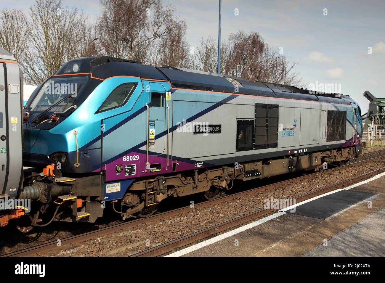 Class 68 loco 68029 hauls the 1115 Longsight, Manchester to Cleethorpes Transpennine Express crew training service through Althorpe on 15/3/22. Stock Photo