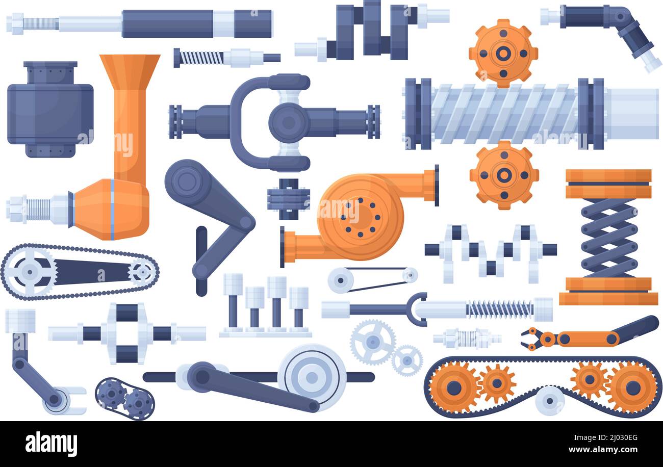 Mechanism parts, machine, factory engine industrial elements. Technical gears and gear mechanics vector illustration set. Machinery, pinions and Stock Vector