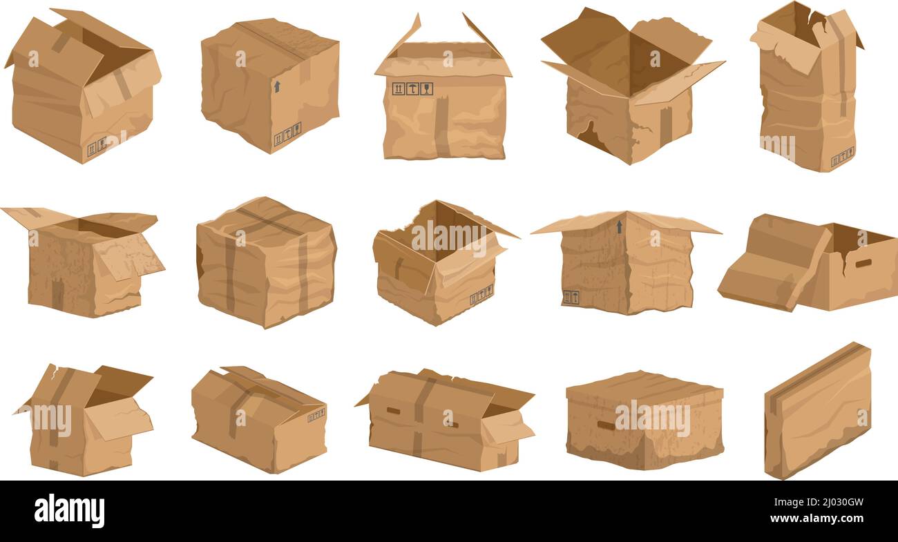 Damaged carton cardboard boxes, crumpled delivery package. Broken, wet, torn carton delivery boxes vector illustration set. Carton damaged cardboard Stock Vector