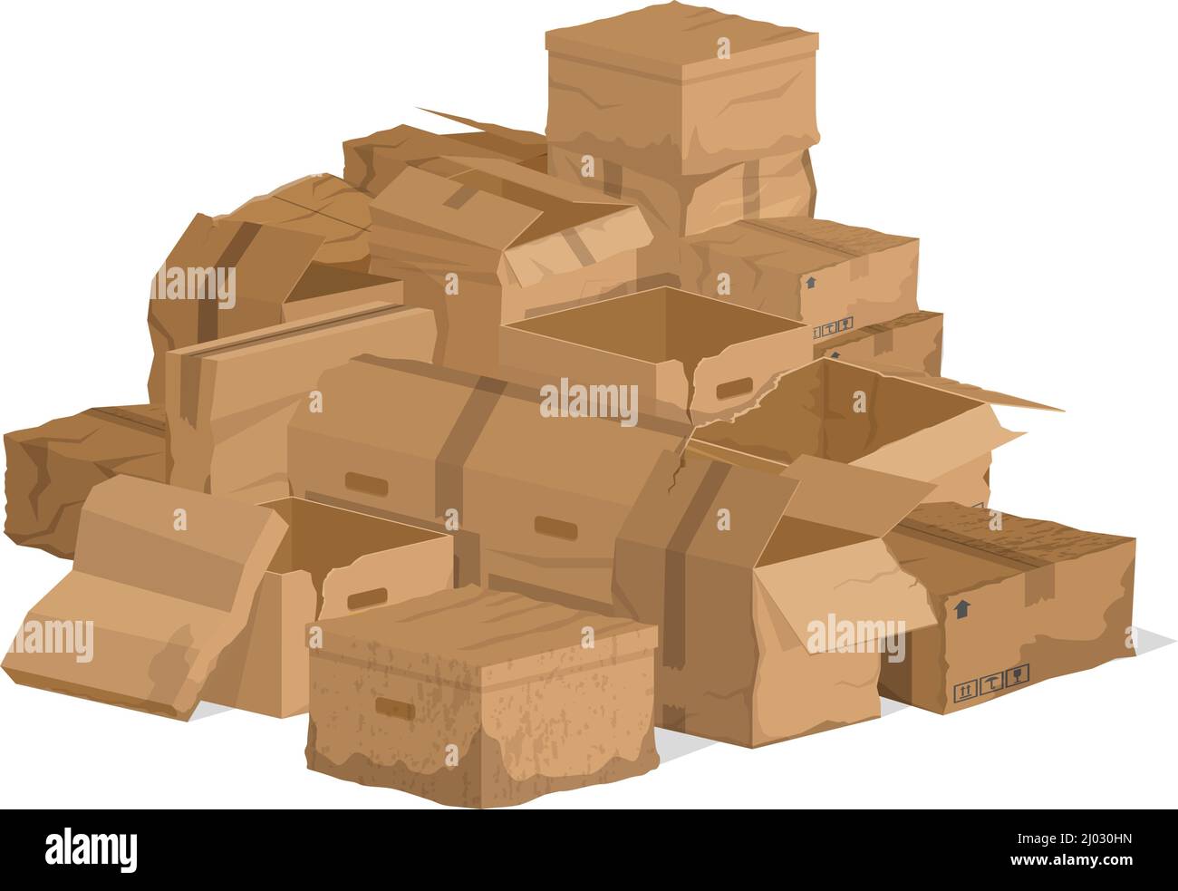 Broken damaged cardboard boxes, torn carton packaging. Broken delivery cardboard packages or mail parcels vector illustration set. Damaged crate boxes Stock Vector