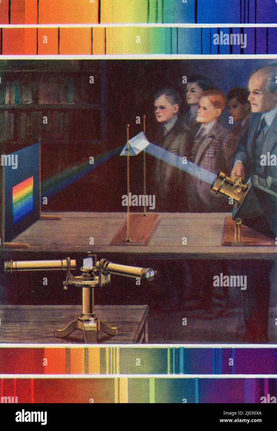 Teacher showing pupils a spectroscope.  The four spectres are, top to bottom, sunlight, light from one of the stars, red neon light and blue mercury light, every chemical shows a characteristic set of black lines on its spectrum.  From The Wonderland of Knowledge, published c.1930 Stock Photo
