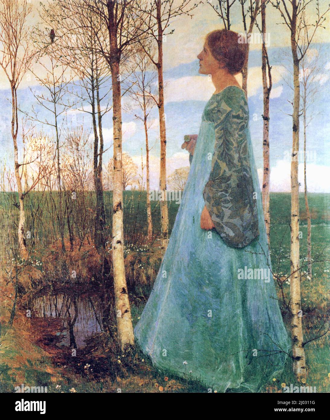Heinrich Vogeler - Spring - Woman stands in birchwood looking and listening to a bird in a birch tree - 1897 Stock Photo