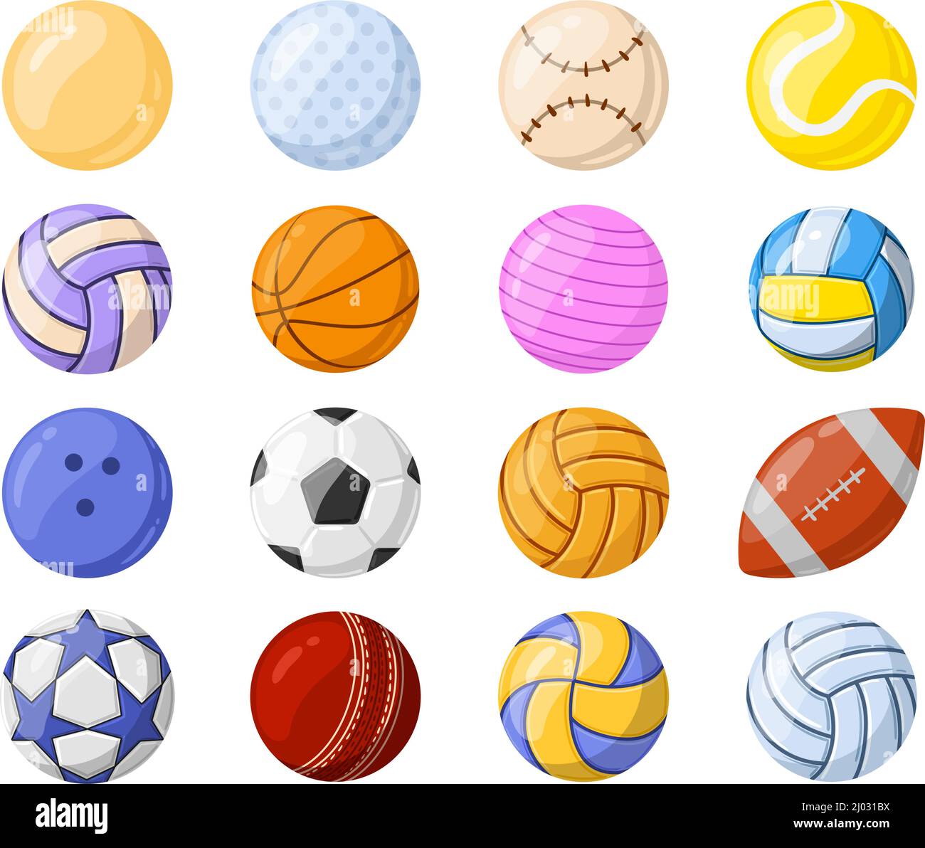 Cartoon sport ball, soccer, basketball and volleyball game equipment. Rugby, hockey, tennis sport ball equipment vector illustration set. Sport games Stock Vector