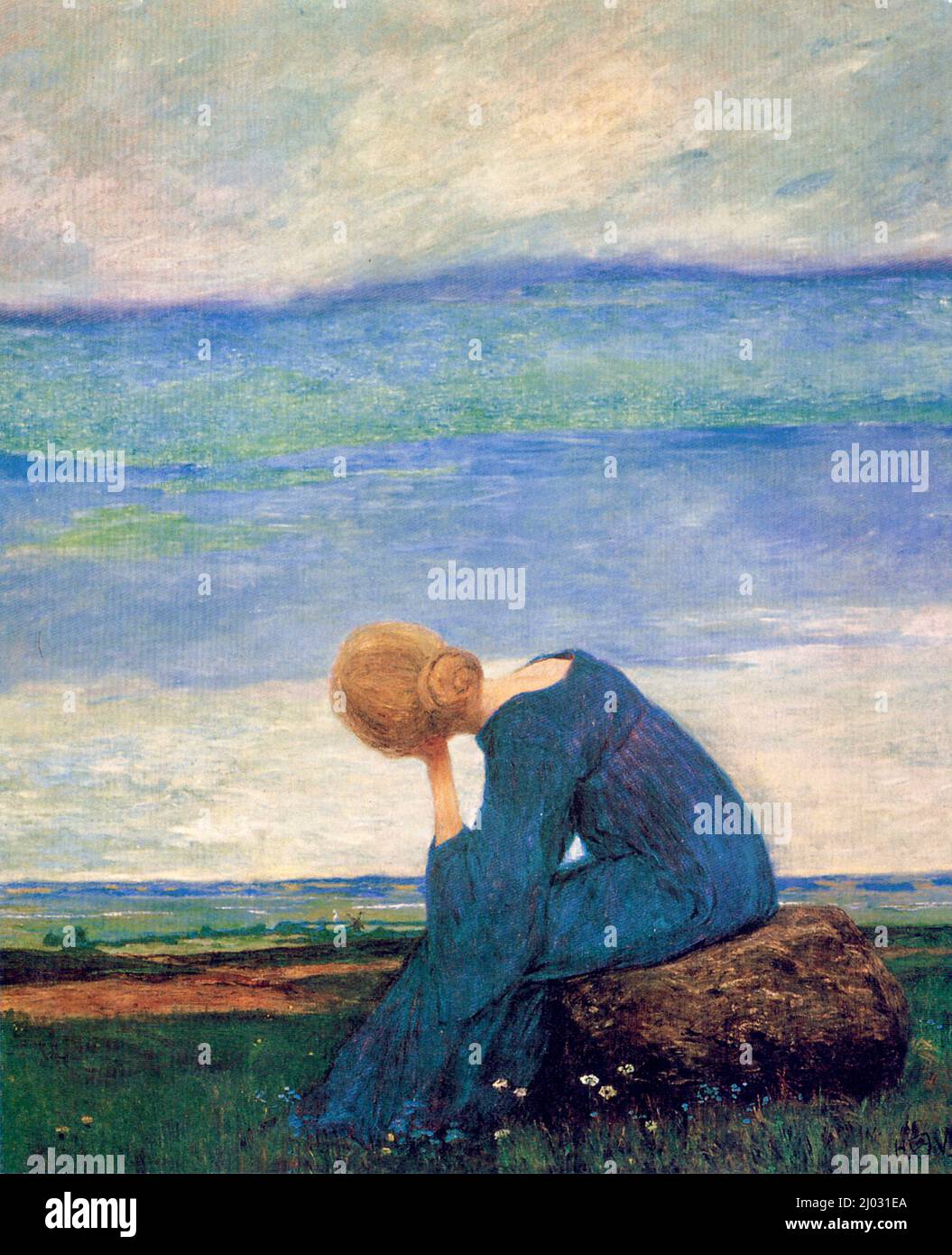 Heinrich Vogeler - A woman sits, head in hand, regarding the land and skycape, longing, dreaming - sehnsucht Stock Photo