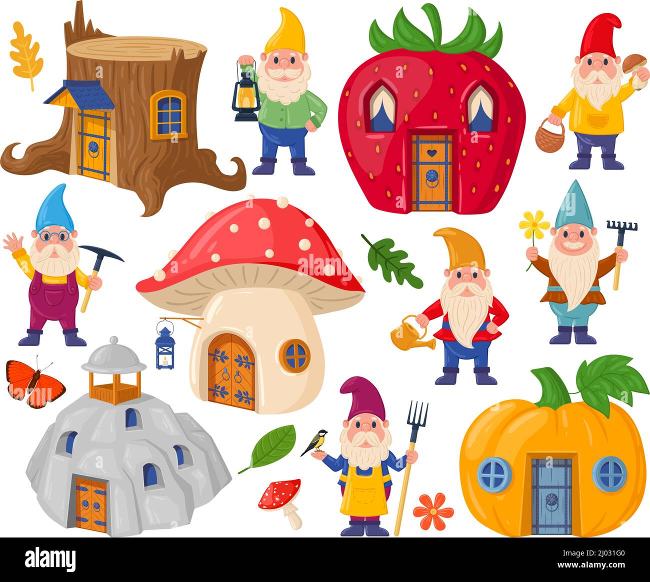 Garden gnomes characters and cute cartoon fairytale houses. Magic world gnomes mushroom and pumpkin houses vector illustration set. Fairytale Stock Vector