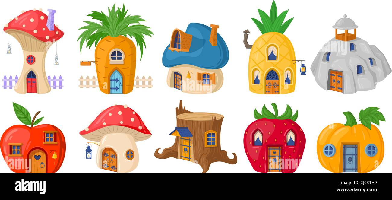 Cartoon forest fairytale mushroom gnomes or hobbit houses. Magic fairy tale characters, fantasy plants and vegetables buildings vector illustration Stock Vector