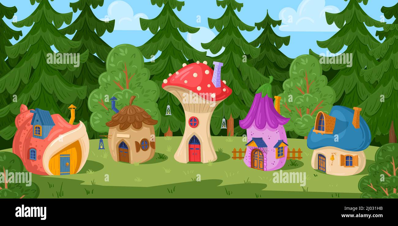 Cartoon forest fairy village, fairytale gnome mushroom houses. Woods gnomes or elves housing village, magical village vector illustration. Fantasy Stock Vector