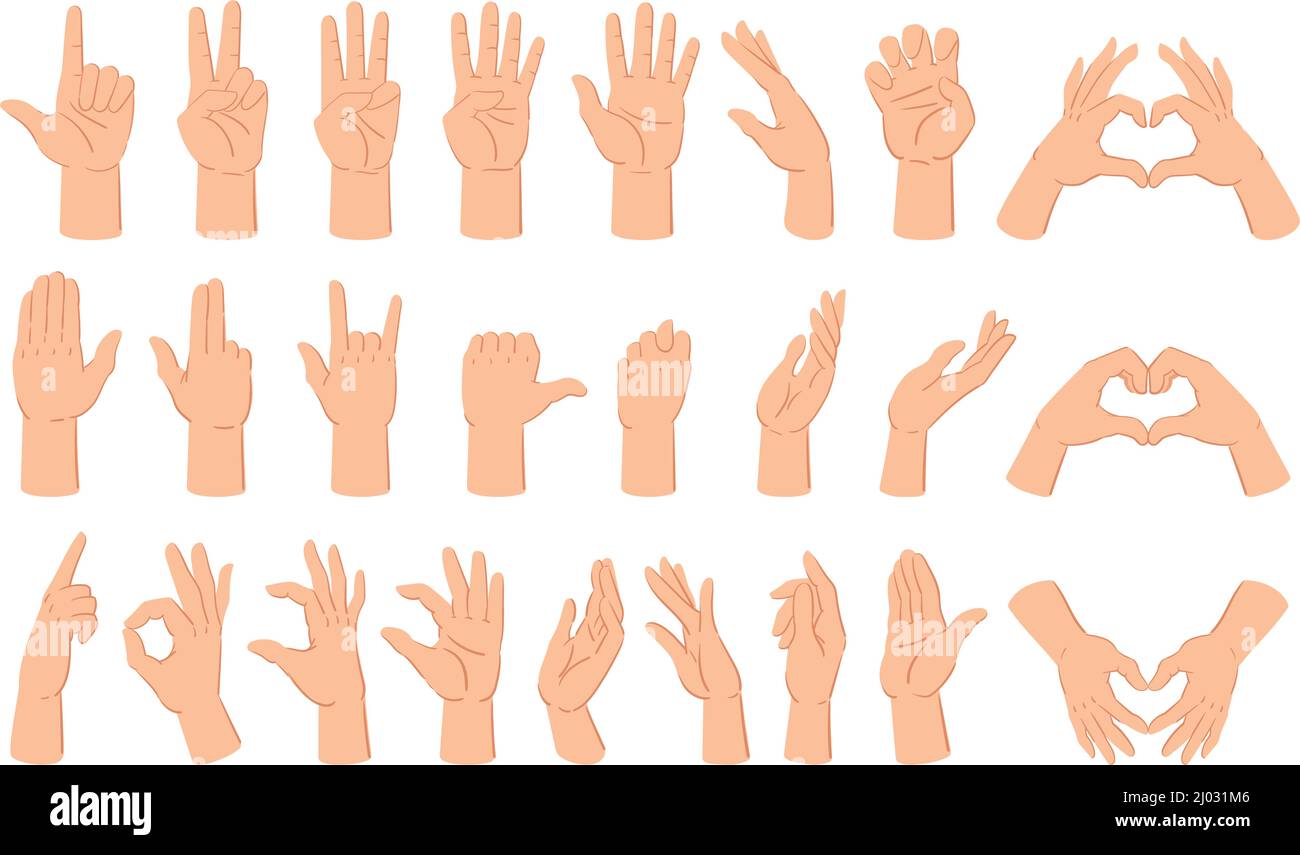 Cartoon hands gesture, hand poses, thumb up and counting gestures. Human hand gestures, count and crossed fingers vector illustration set. Hand Stock Vector