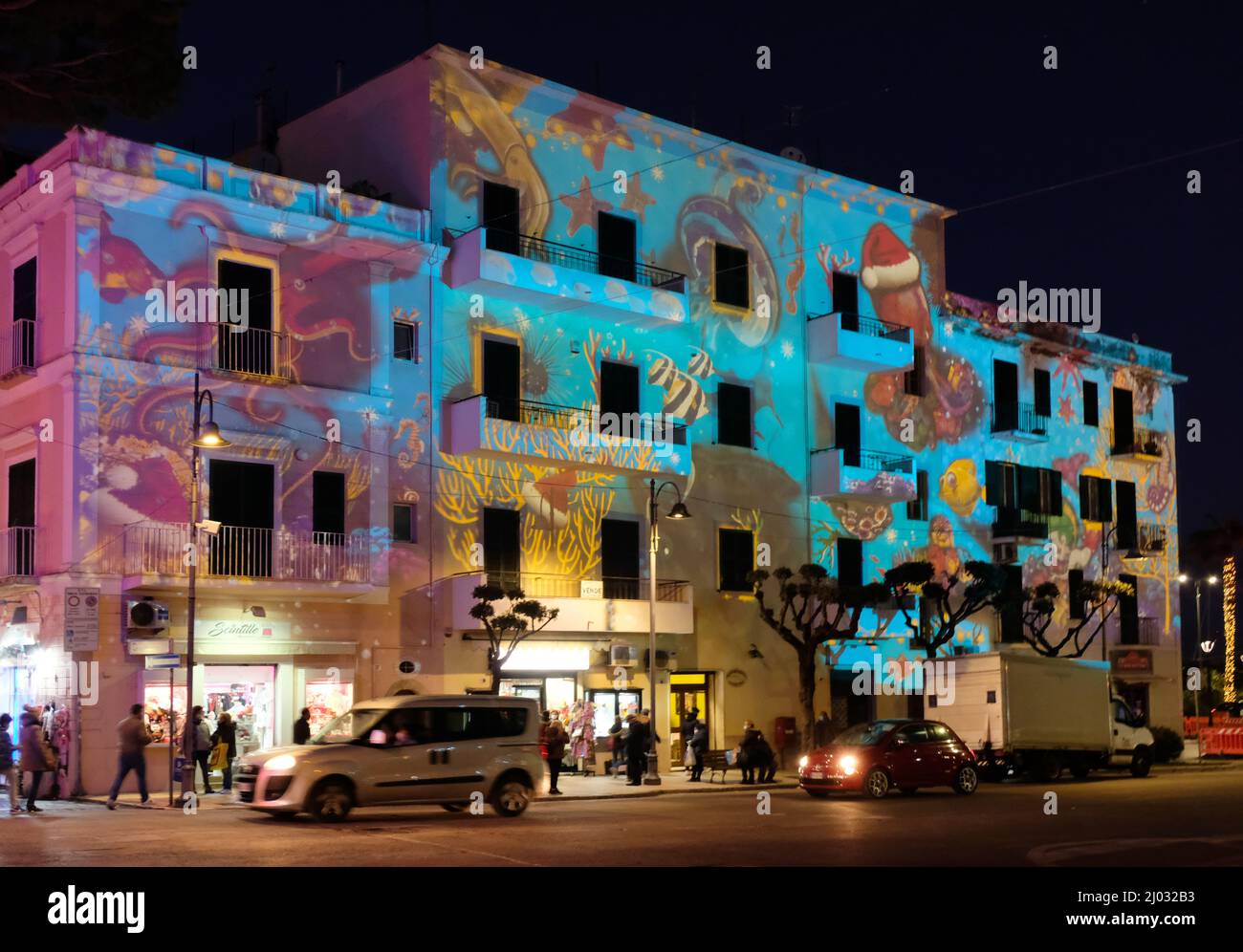 Facades decorated with light during the beautiful Christmas lights in Gaeta, December 2021, Italy. Stock Photo