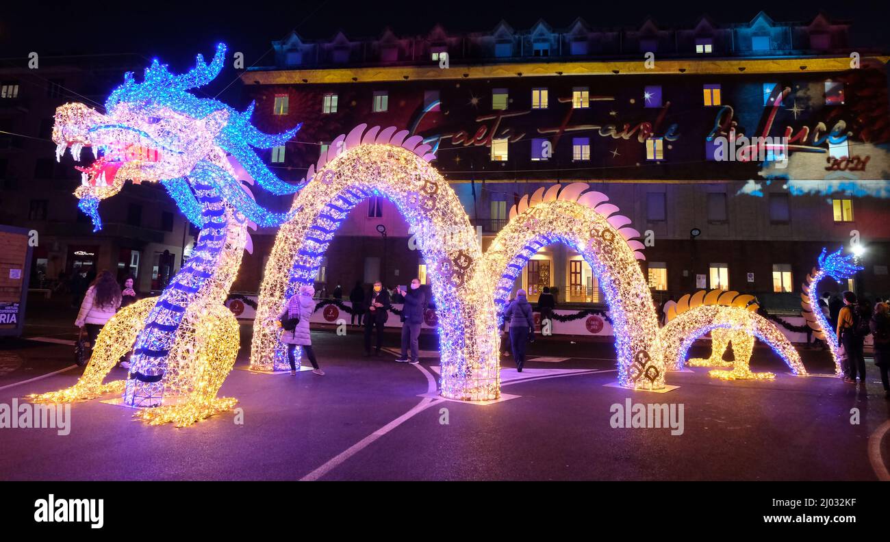 Christmas lights in Gaeta, December 2021, Lazio, Italy. Representation of an Dragon Stock Photo