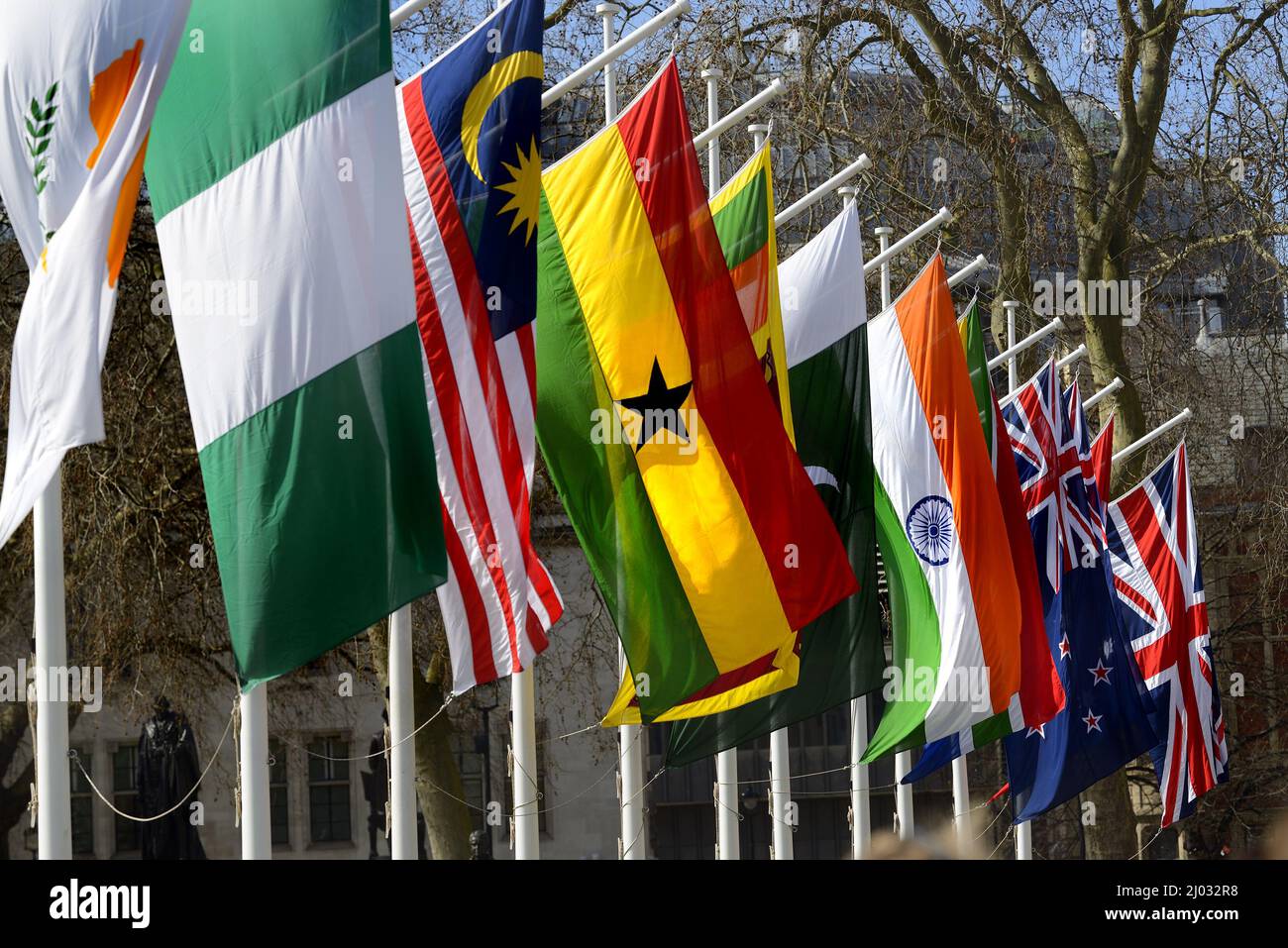 London, England, UK. Flags of Commonwealth countries around Parliament Square to mark Commonwealth Day 14th march 2022 Stock Photo