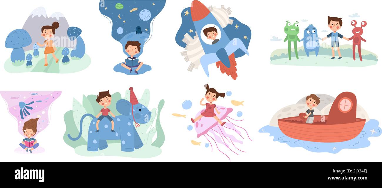 Kids cartoon imagination, children fantasy world. Cute baby imagine magical creatures friends vector illustration set. Childhood imagination, dream Stock Vector