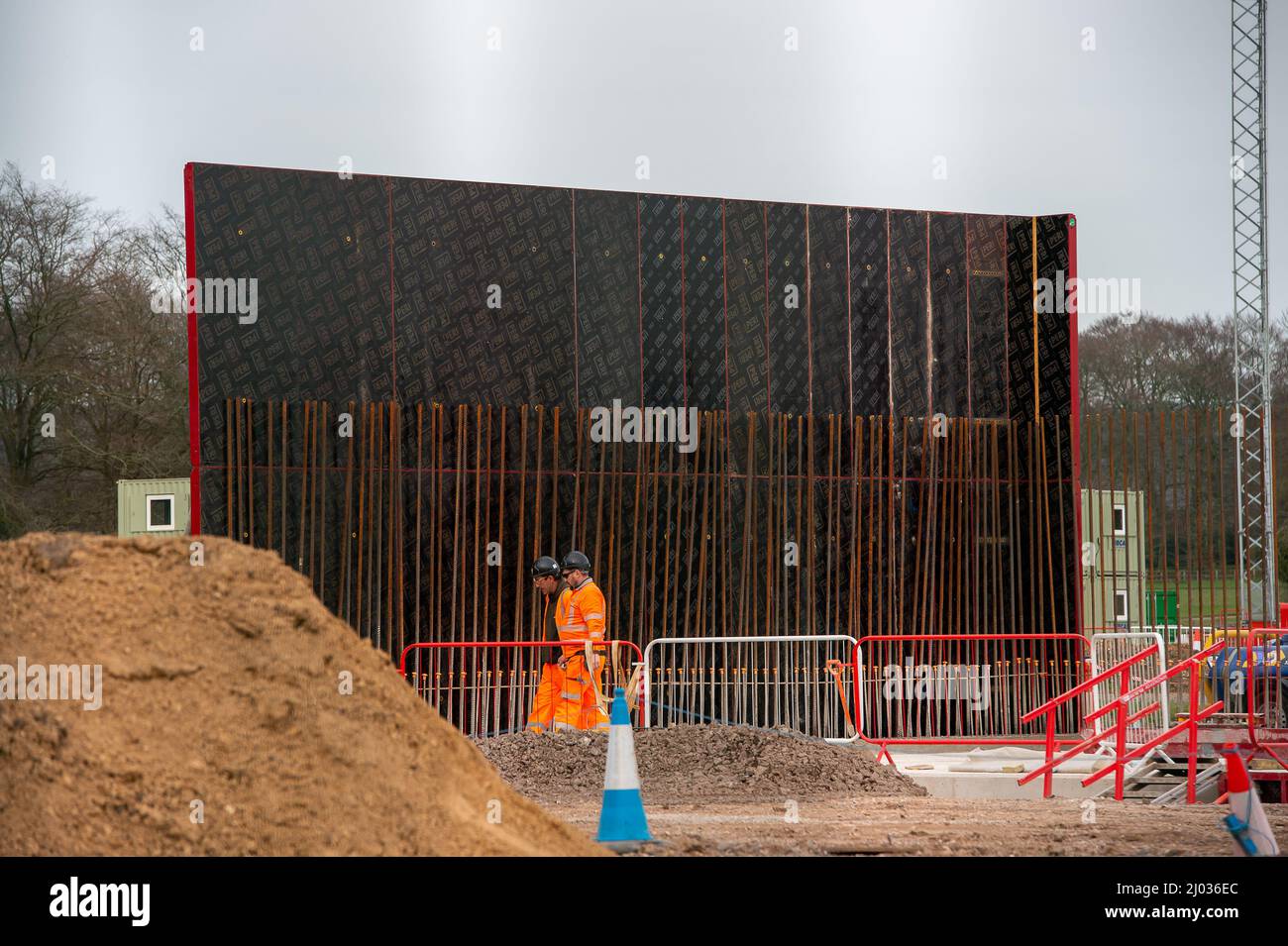 Wendover, Buckinghamshire, UK. 15th March, 2022. A metal structure that has been lifted into place by a huge crane at an HS2 construction site off the A413 on the outskirts of Wendover at the former Road Barn Farm site. The High Speed Rail construction work is having a hugely detrimental impact upon the local area as farmland has been destroyed by HS2 at their construction sites. Credit: Maureen McLean/Alamy Live News Stock Photo