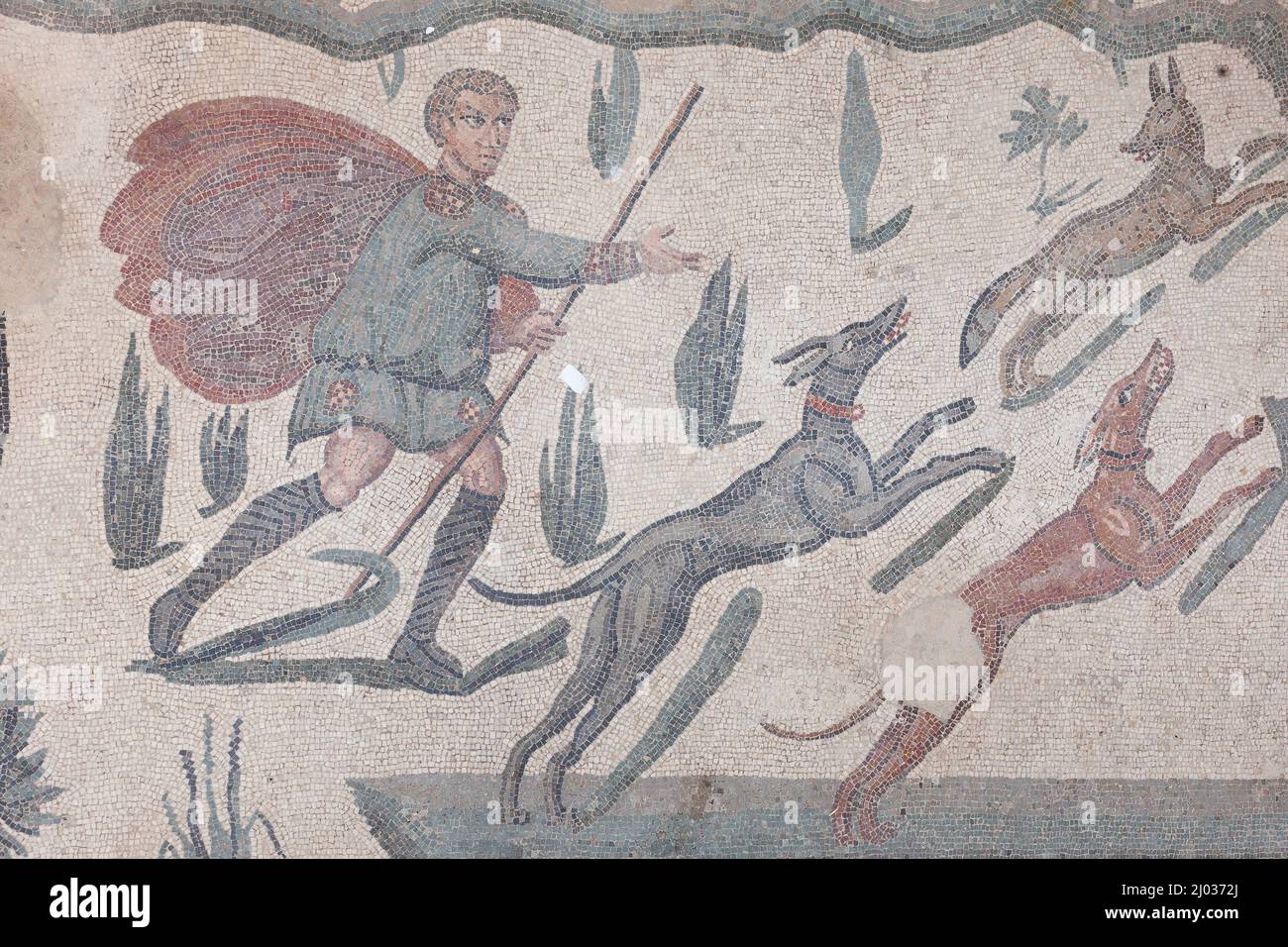 Hunting scene mosaics, the Roman Villa del Casale (Villa Romana del Casale), UNESCO World Heritage Site, Piazza Armerina, Enna, Sicily, Italy, Europe Stock Photo