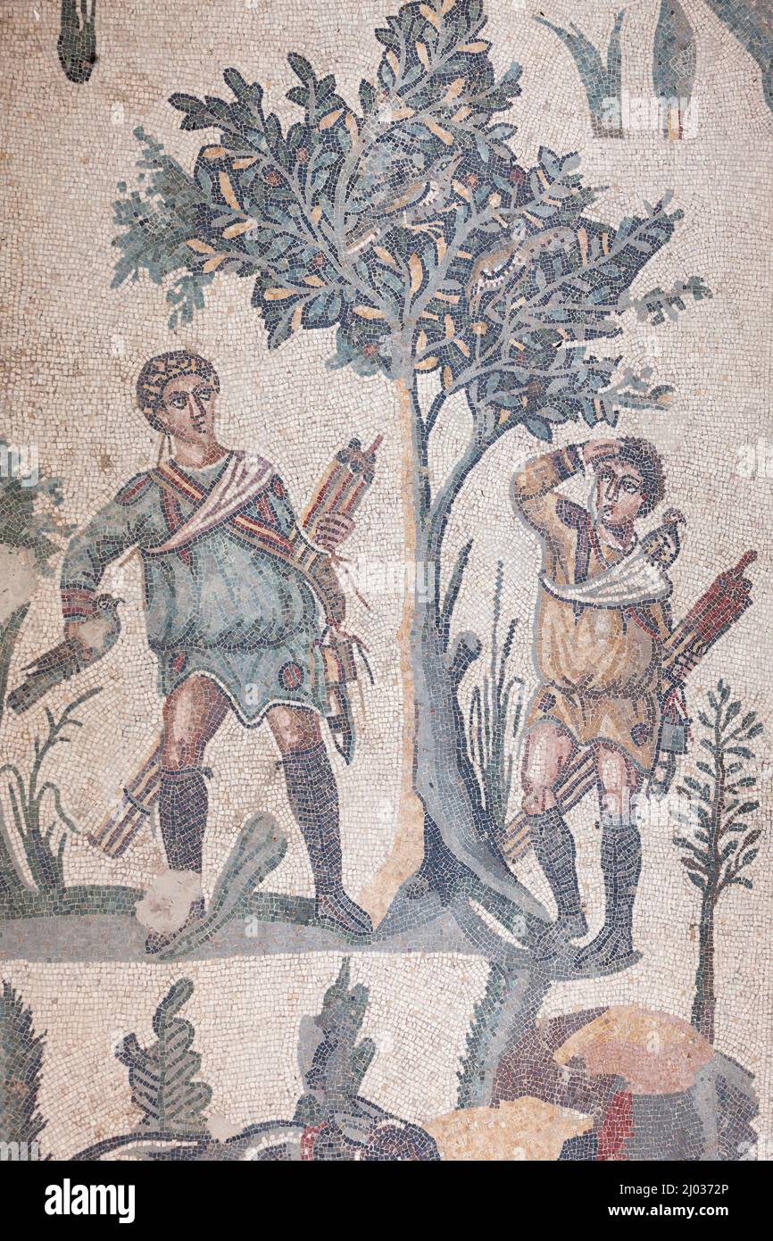 Hunting scene mosaic, The Roman Villa del Casale (Villa Romana del Casale), UNESCO World Heritage Site, Piazza Armerina, Enna, Sicily, Italy, Europe Stock Photo