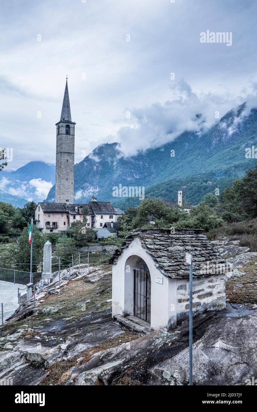 Bell Tower (Campanile), Chiesa, Montecrestese, Val d'Ossola, V.C.O. (Verbano-Cusio-Ossola), Piedmont, Italy, Europe Stock Photo