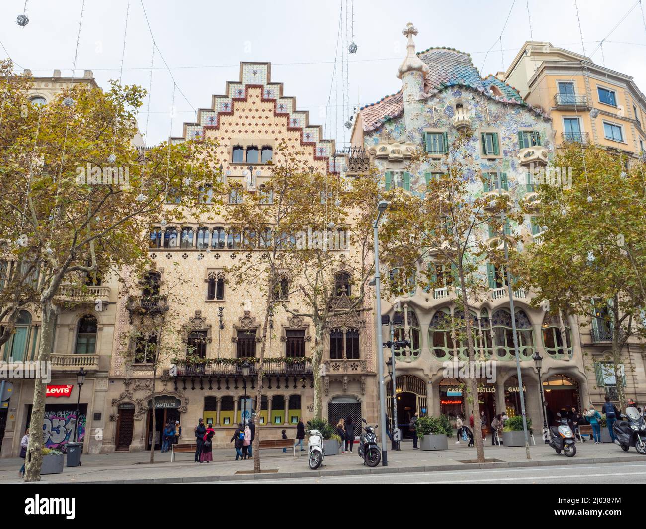 The Block of Discord on Passeig de Gracia includes Casa Amatller, designed by Puig i Cadafalch, and Casa Battlo, by Gaudi Stock Photo