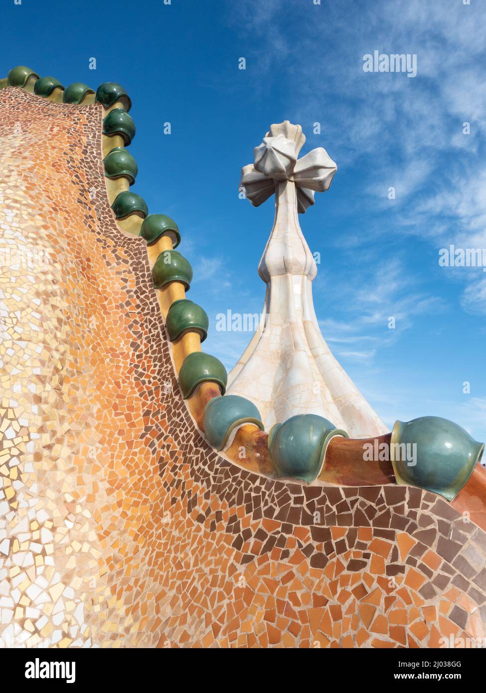 Roof of Casa Battlo, designed by Antoni Gaudi, UNESCO World Heritage Site, Barcelona, Catalonia, Spain, Europe Stock Photo