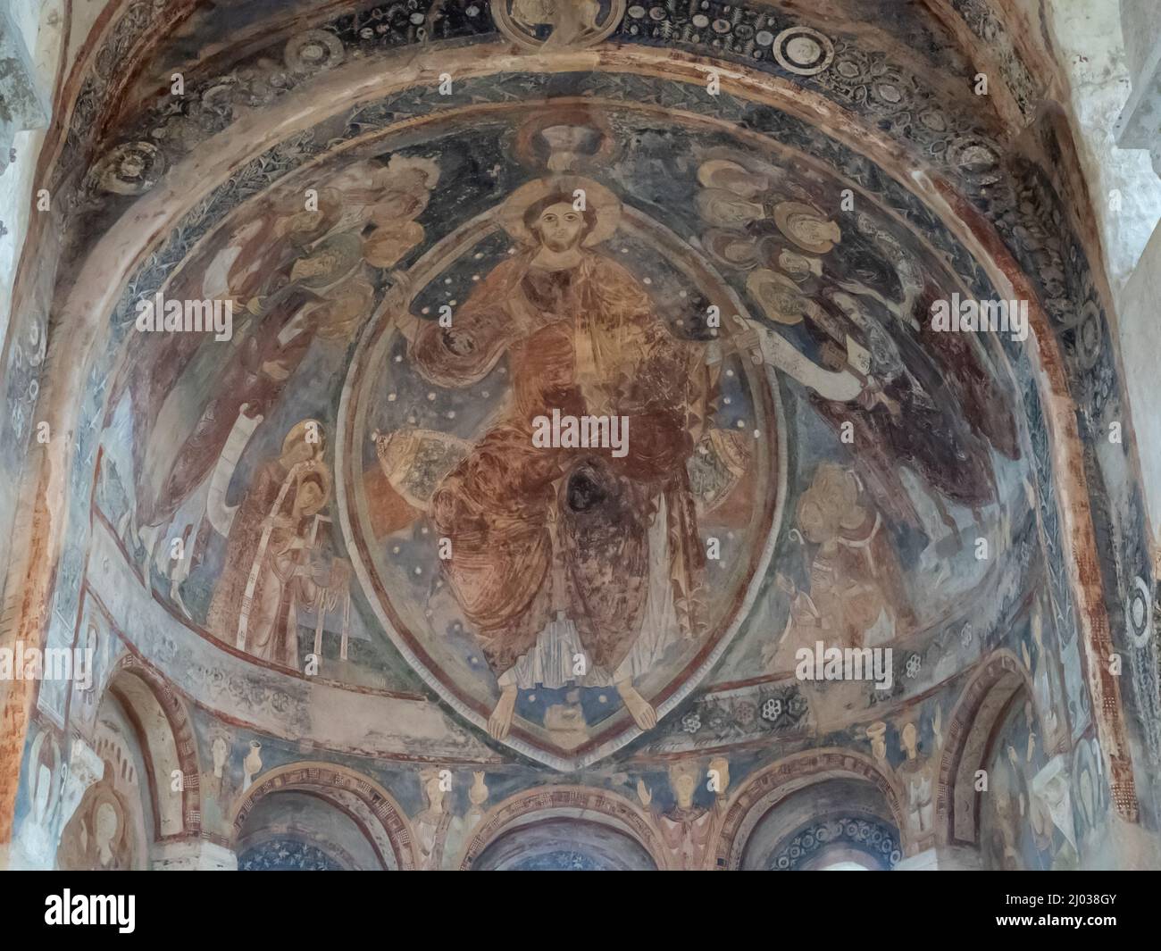 Romanesque frescos in the Chapelle des Moines in Burgundy, Berze-la-Ville, Saone-et-Loire Stock Photo