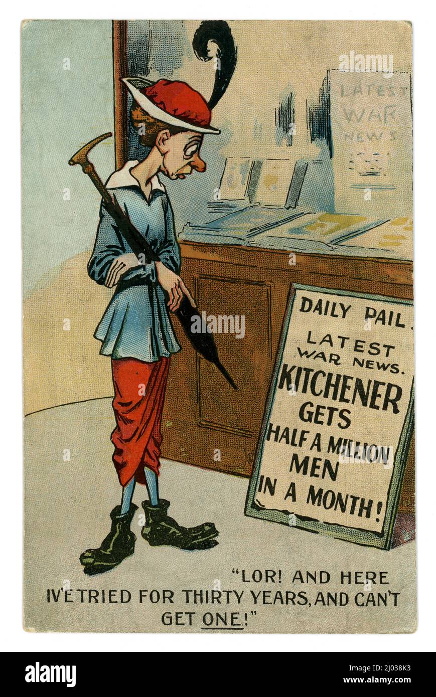 WW1 era comic cartoon postcard of a gaunt woman with a red nose, she is a single woman in her 30's - at this time, unmarried woman were looked at with scorn and frequently portrayed as ugly hags desperate for a husband. This woman is looking at a news poster / news stand at a newsagent that reads 'Kitchener gets half a million men in a month'. The lady says 'Lor! And here I've tried for thirty years, and can't get one!' - Year: circa 1914 Play on the title of the Daily Mail - the poster reads Daily Pail. Published by Brown and Calder, London, U.K. Circa 1914 - 1915. Stock Photo