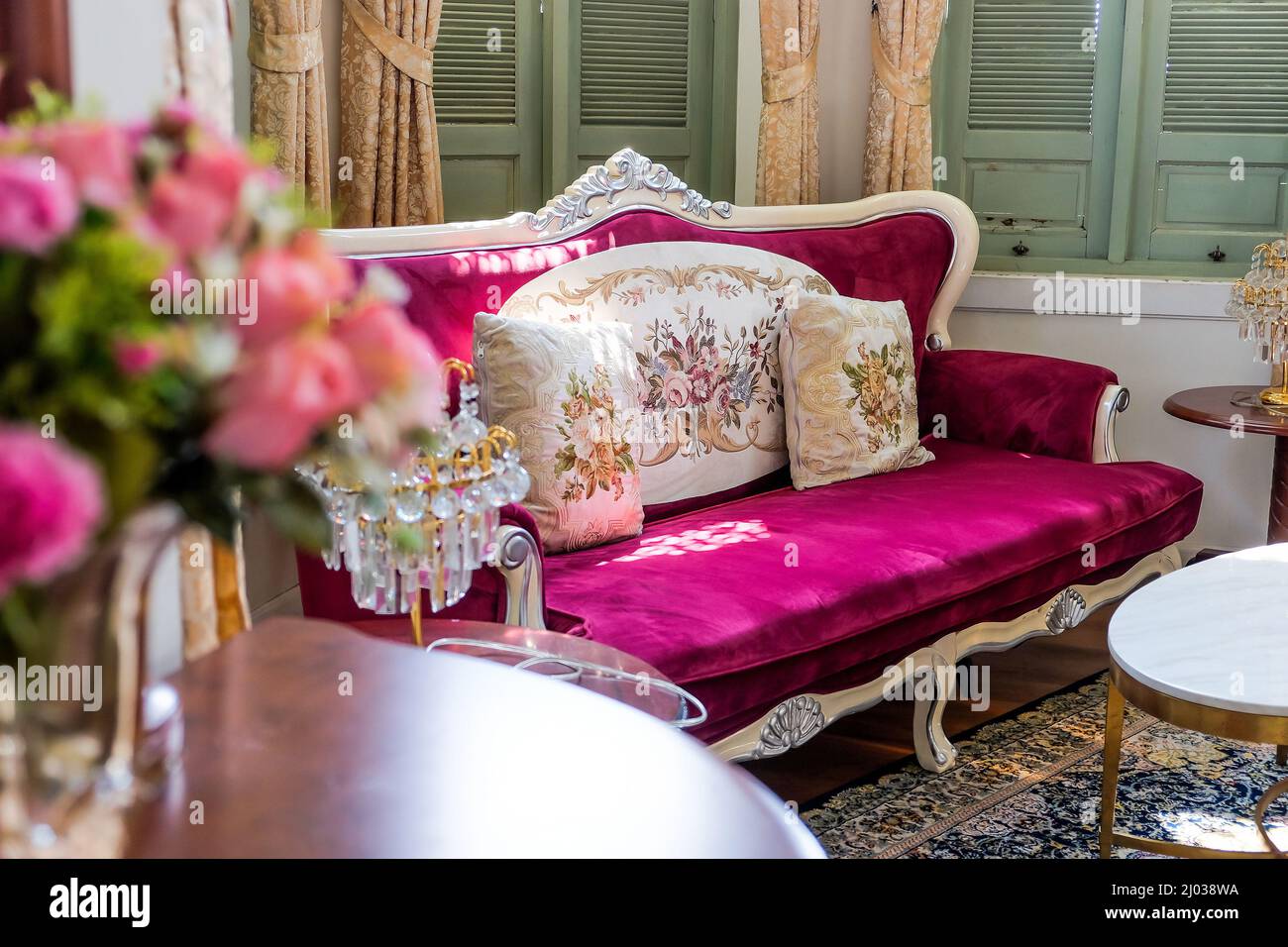Detail image of Pillows on an antique luxury sofa, Living room interior