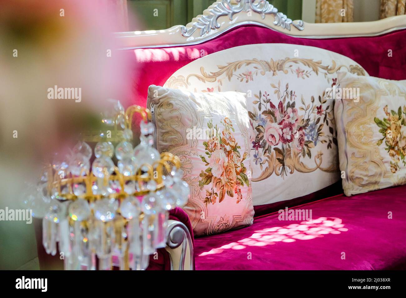 Detail image of Pillows on an antique luxury sofa, Living room interior ...