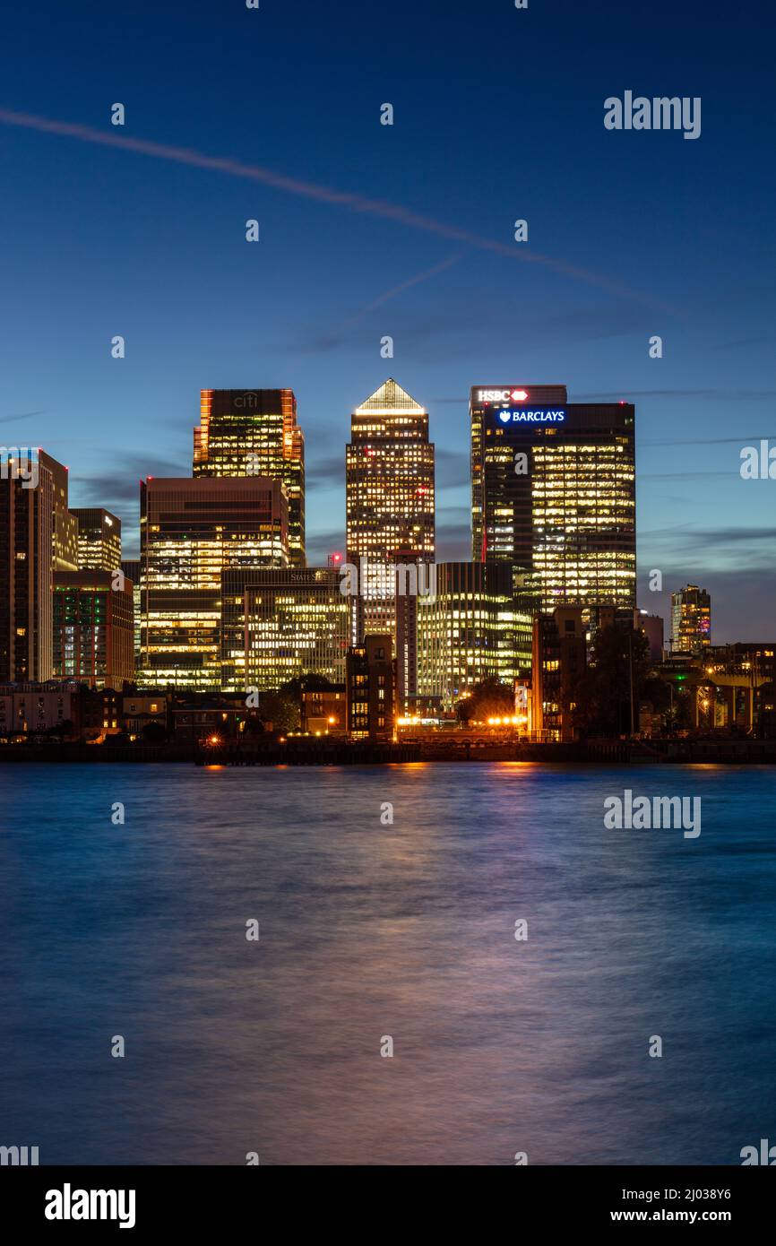 Canary Wharf and Isle of Dogs skyline at sunset, Docklands, London