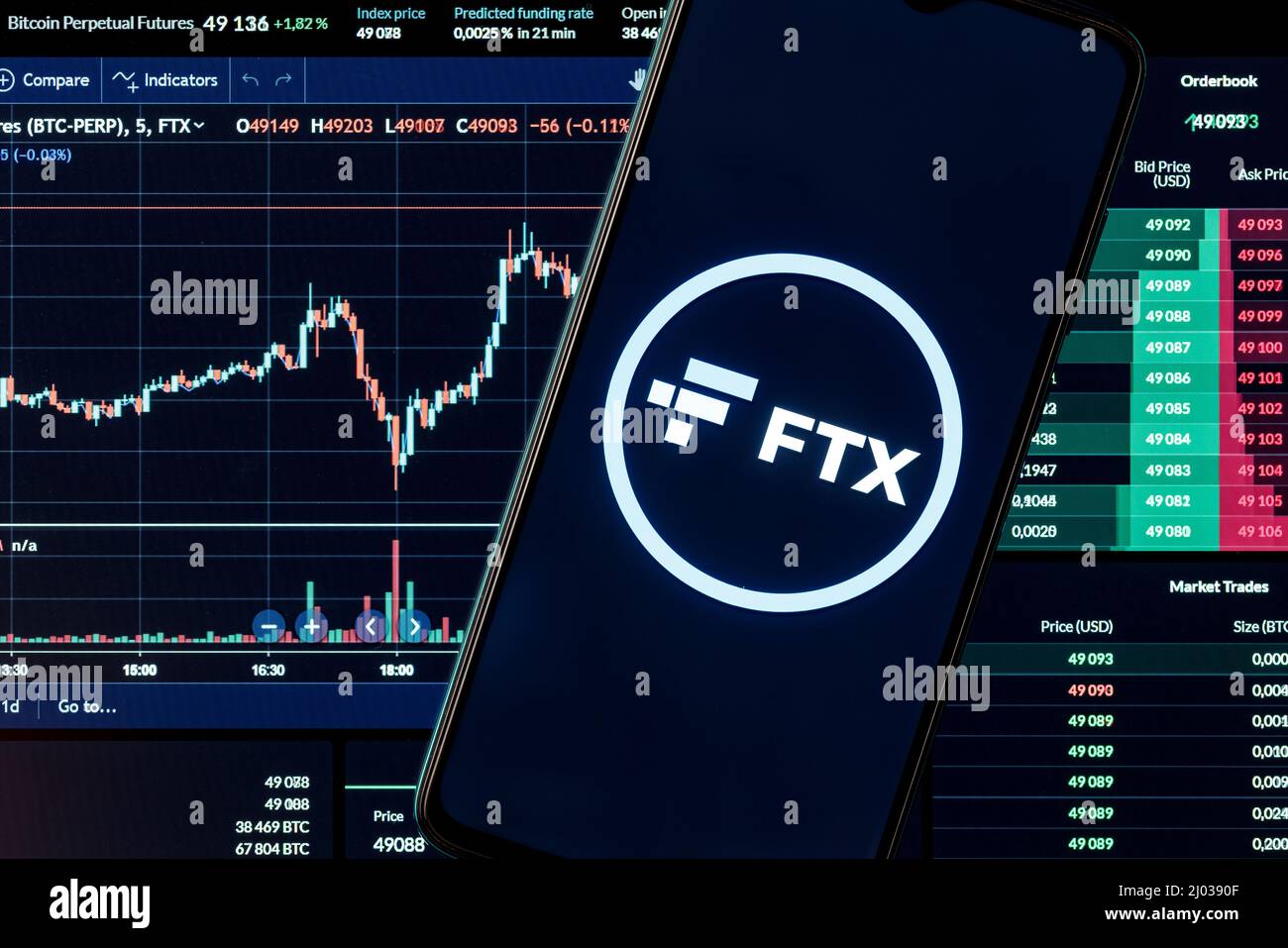 FTX is a cryptocurrency exchange. A smartphone with the FTX logo on the  background of the live trading webpage. FTX dashboard Stock Photo - Alamy
