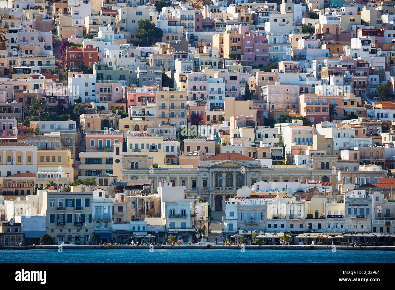Neoclassical architecture in pastel colors, Ermoupolis, Syros, Cyclades, Greek Islands, Greece, Europe Stock Photo