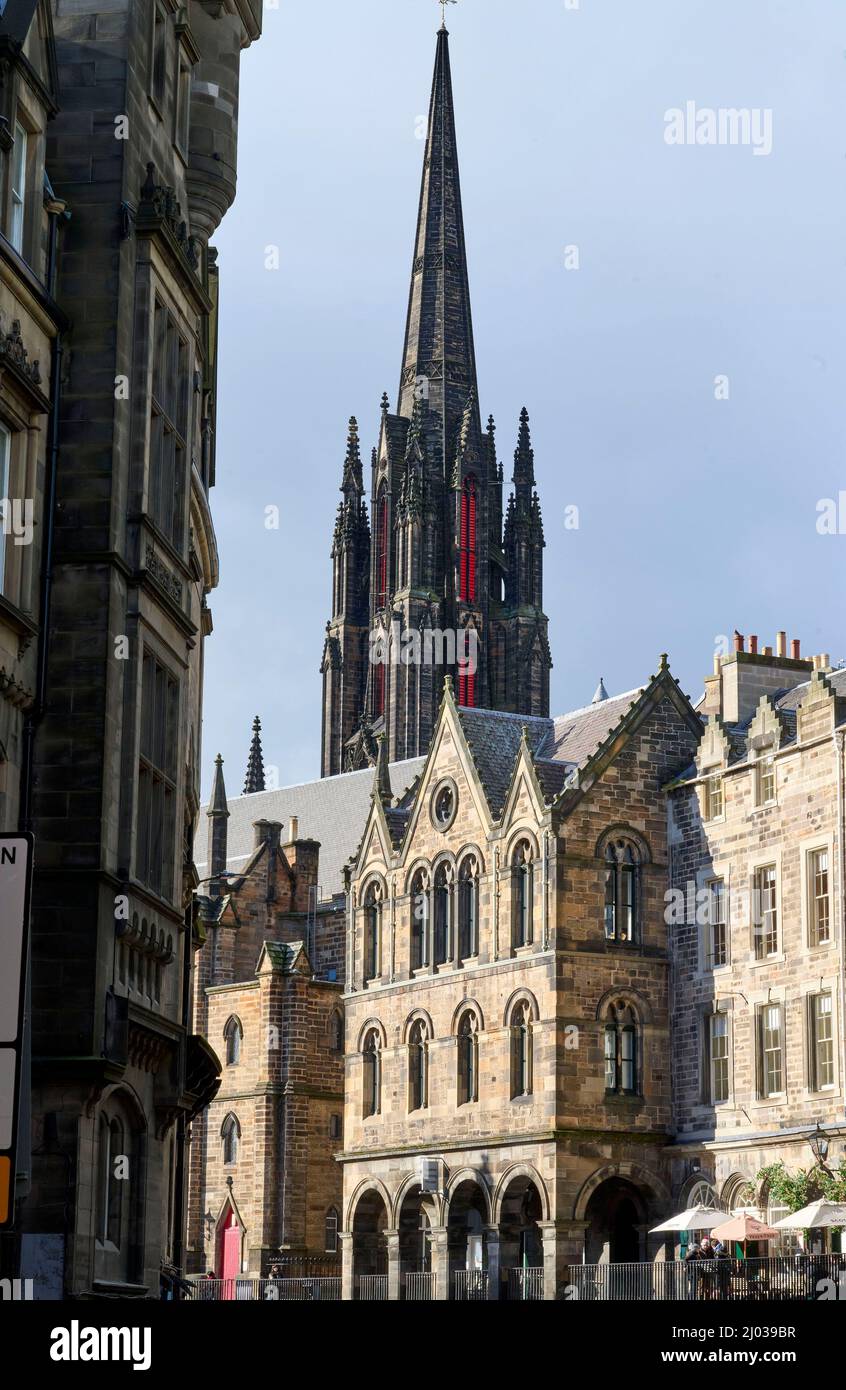 The Spire of Tollbooth Kirk, towering over The Old Town and Royal Mile, Edinburgh, Scotland, UK Stock Photo