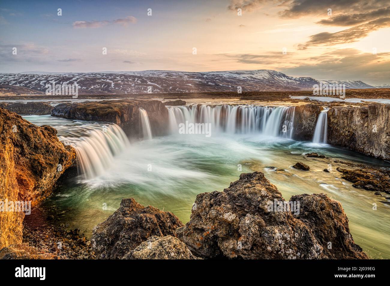 Godafoss waterfall at sunrise, Northern Iceland, Polar Regions Stock Photo