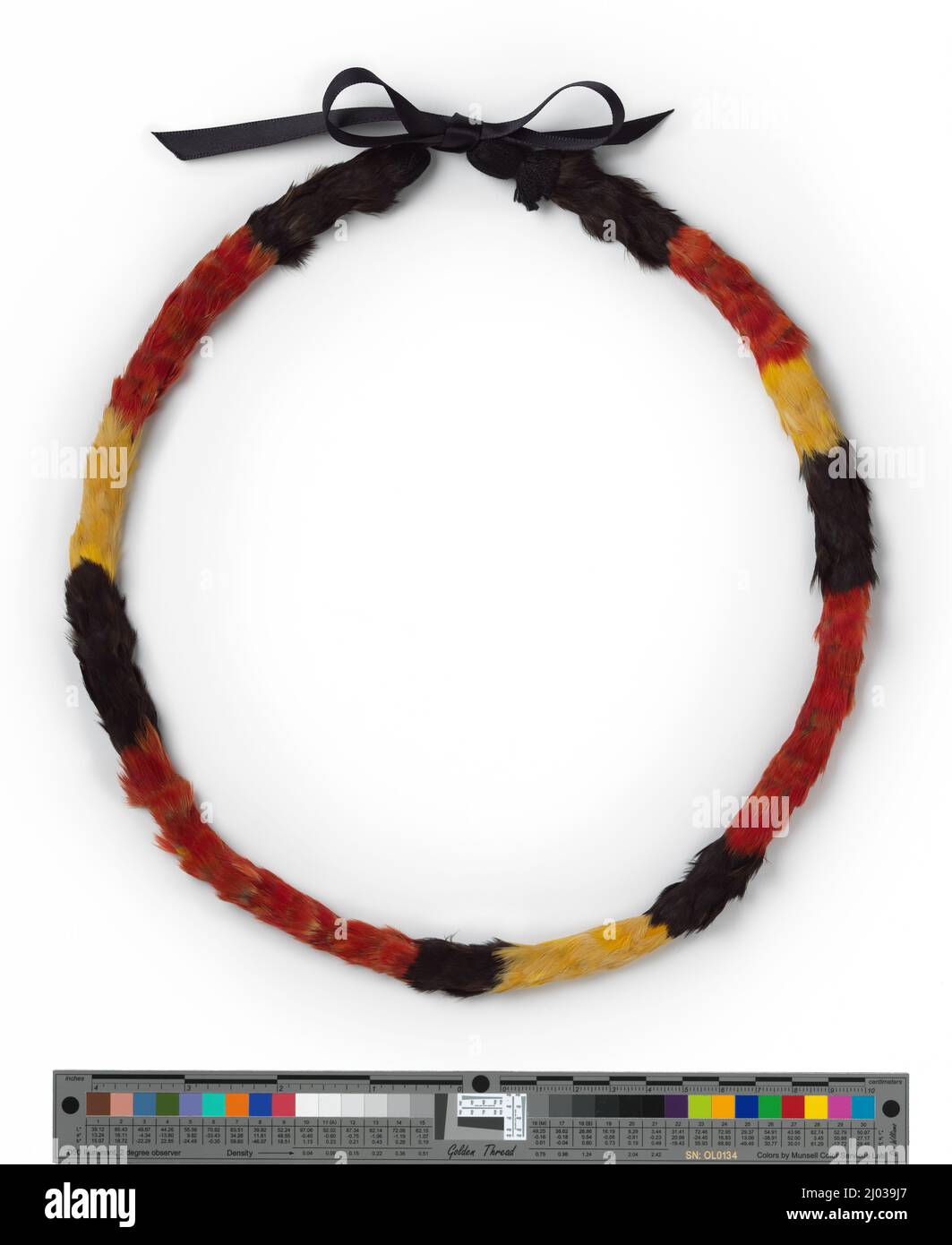 Feather lei (Lei hulu). Hawaii, 19th century. Jewelry and Adornments; necklaces. Black and yellow ʻōʻō (Moho sp.) feathers, red 'i'iwi (Vestiaria coccinea) feathers, olonā (Touchardia latifolia) fiber and black ribbon Stock Photo
