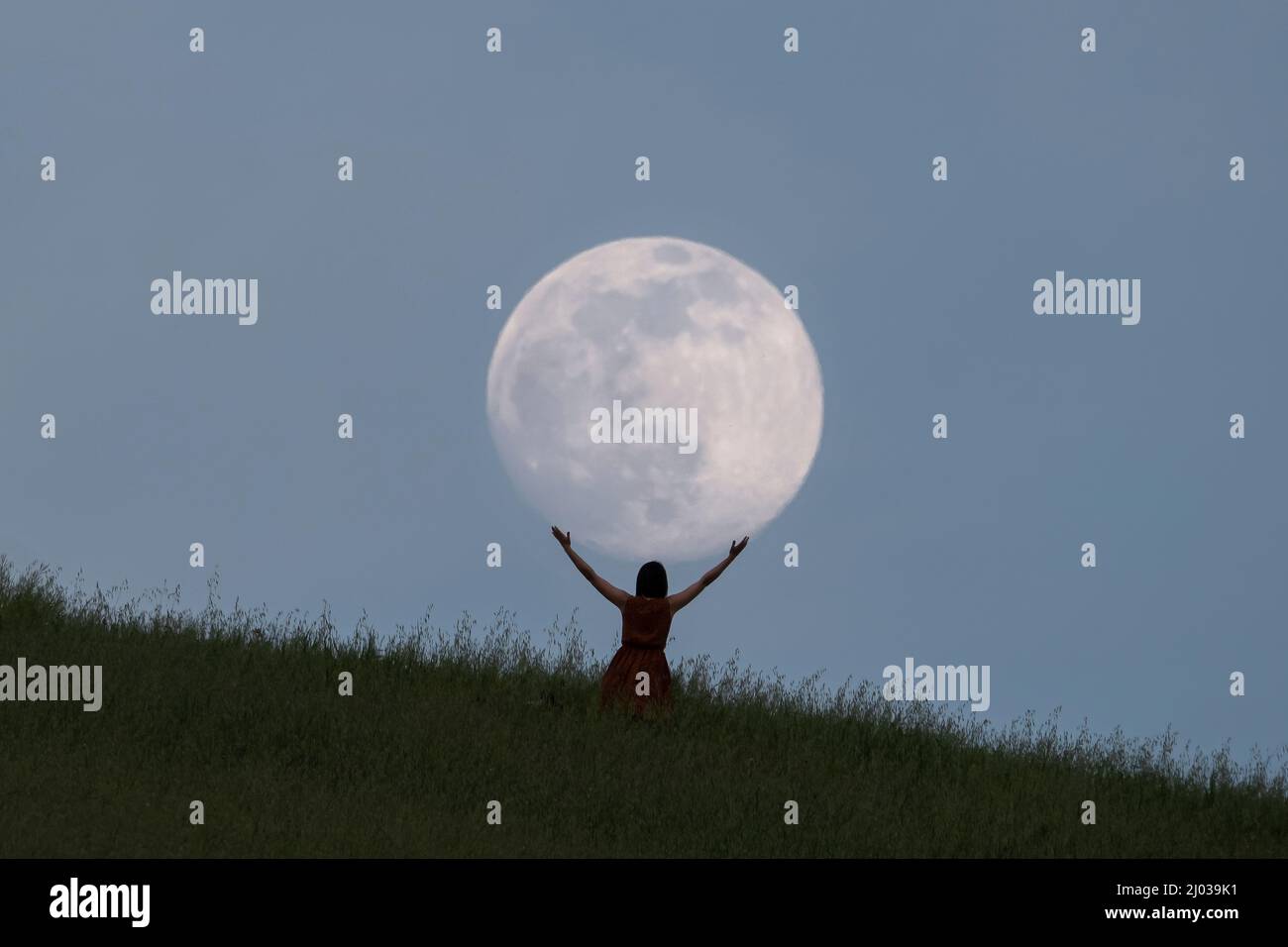 Full moon portrait at blue hour with a girl holding the moon above her head, Emilia Romagna, Italy, Europe Stock Photo