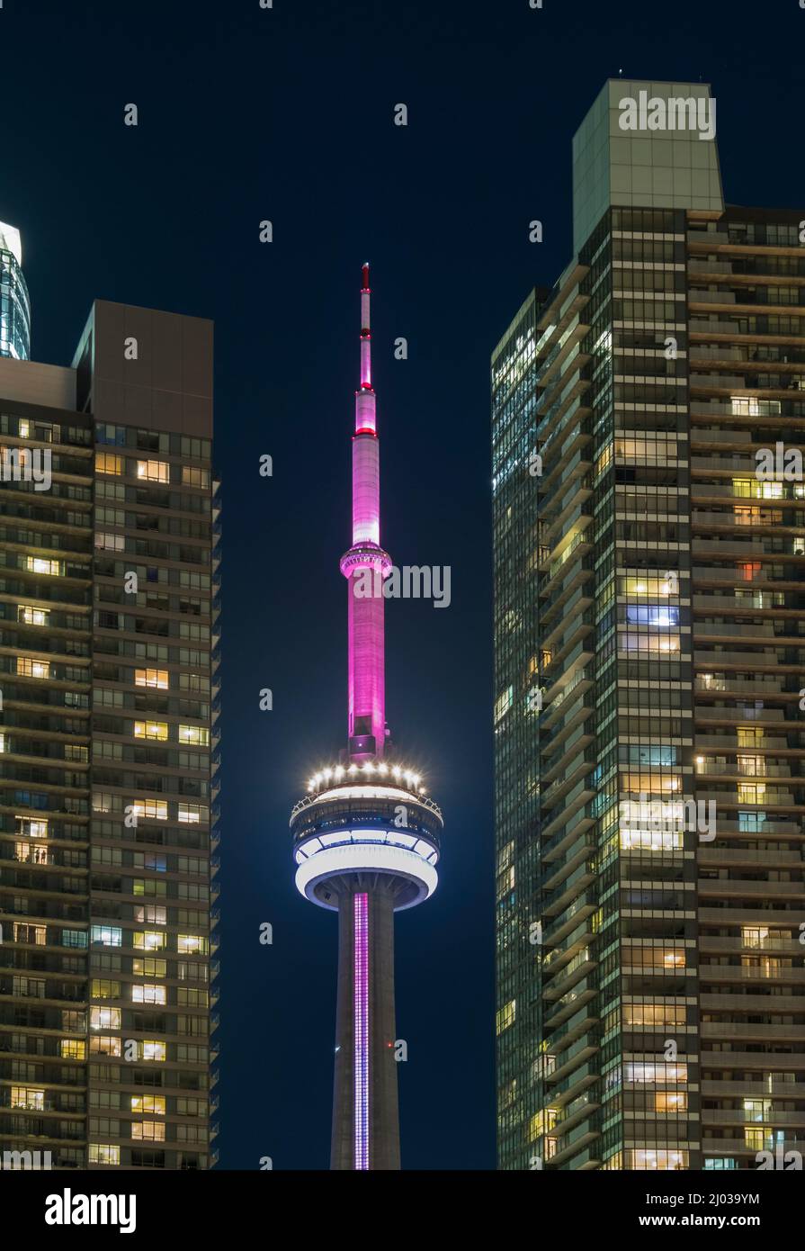 CN Tower at night framed by modern apartment blocks, Toronto, Ontario, Canada, North America Stock Photo