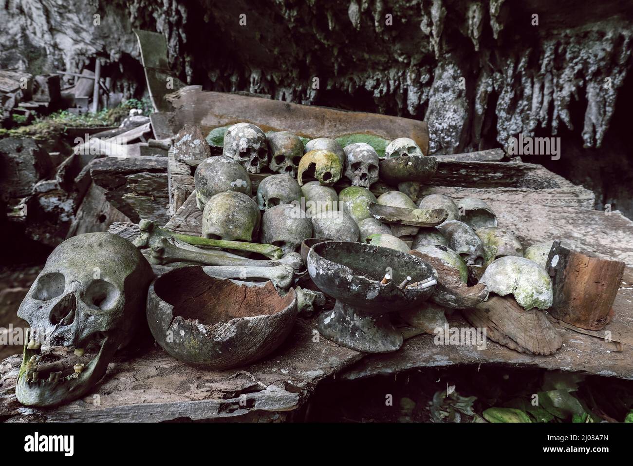 Skulls in 700 year old burial cave at Lombok Parinding, north of Rantepao, Lombok Parinding, Toraja, South Sulawesi, Indonesia, Southeast Asia, Asia Stock Photo