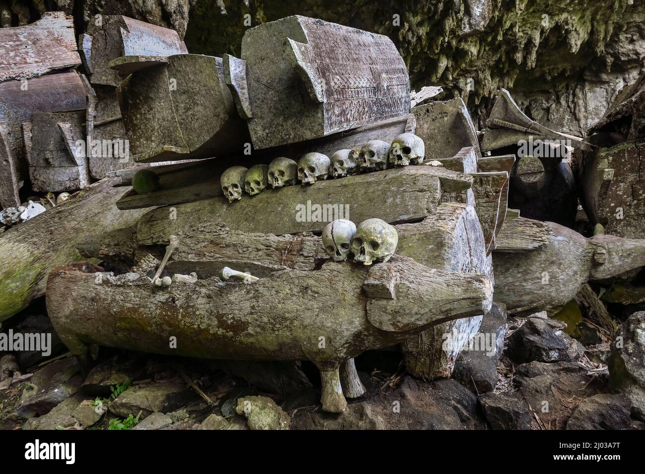 Skulls on coffins in 700 year old burial cave at Parinding, north of Rantepao, Lombok Parinding, Toraja, South Sulawesi, Indonesia Stock Photo