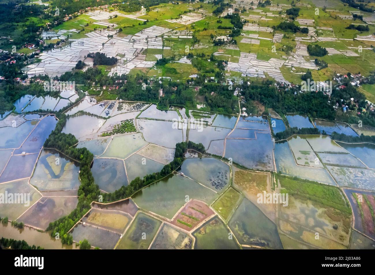 Rice fields and fish ponds on the Gulf of Boni estuarine coast near South Sulawesi's second city, Palopo, Luwu, South Sulawesi, Indonesia Stock Photo