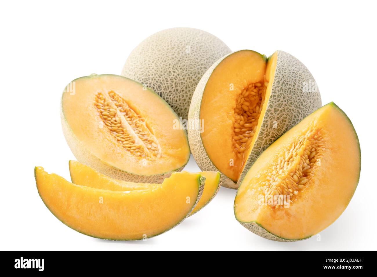 Close up of beautiful tasty sliced juicy cantaloupe melon, muskmelon, rock melon isolated on white background. Stock Photo
