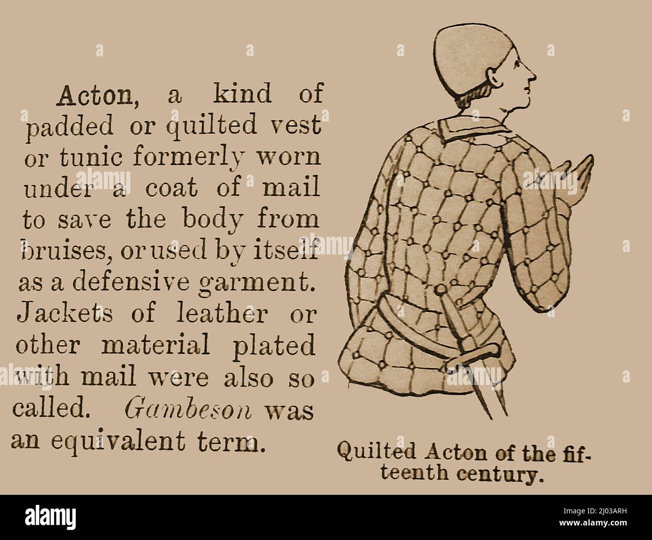 A Victorian illustration and description of a British  15th century Acton or Gambeson, a padded jacket originally designed to be worn under a suit of armour, Other versions were made to wear under chainmail or were themselves woven with chainmail within the fabric. Others  were made of leather or other defensive materials. Stock Photo